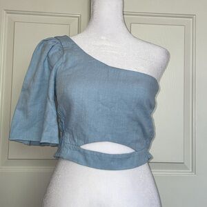 One shoulder baby blue top looks like denim from Zara size small